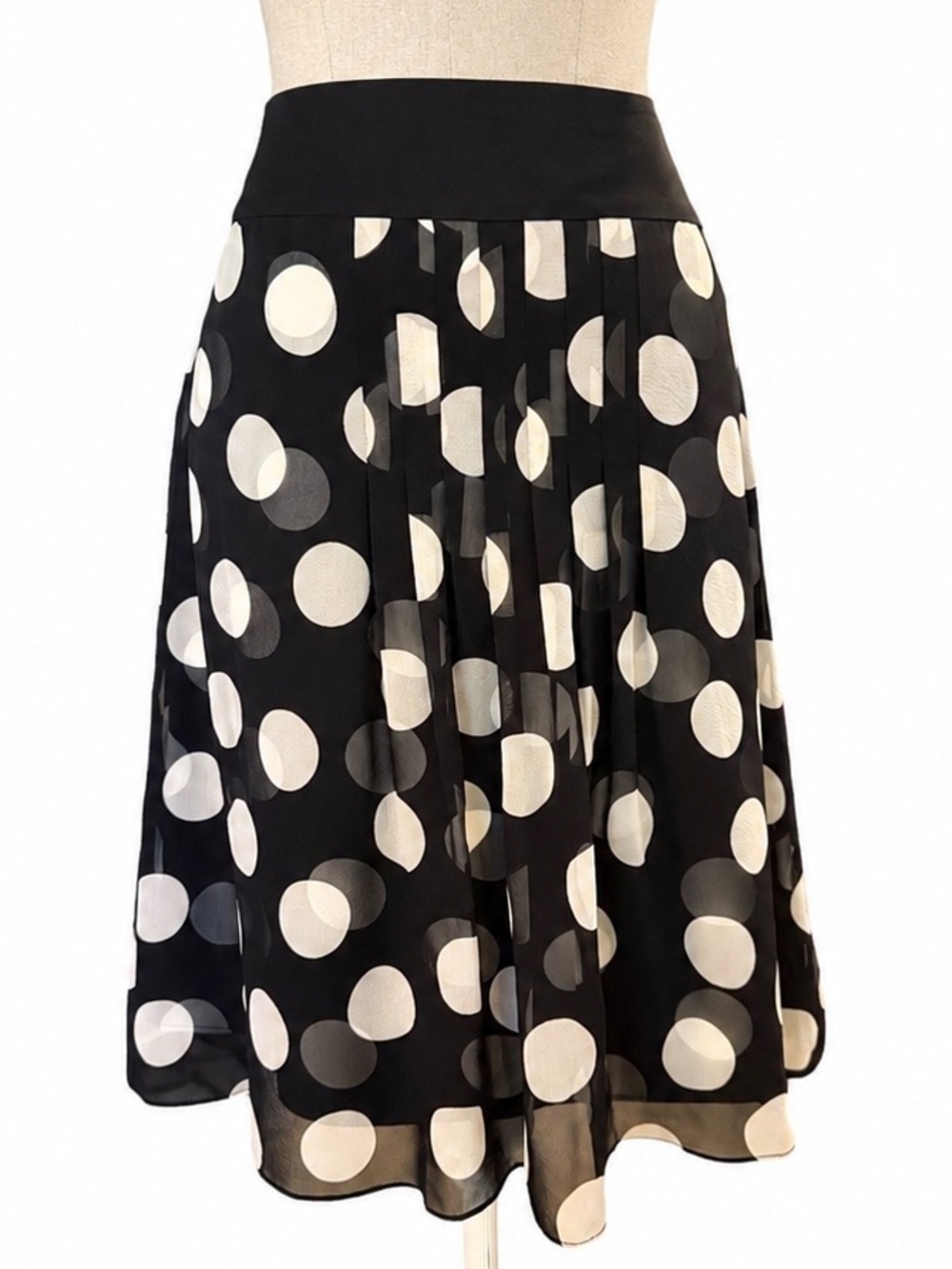 Ann Taylor Silk Polka Dot Pleated Midi Skirt Black White Sheer A-Line Size 6